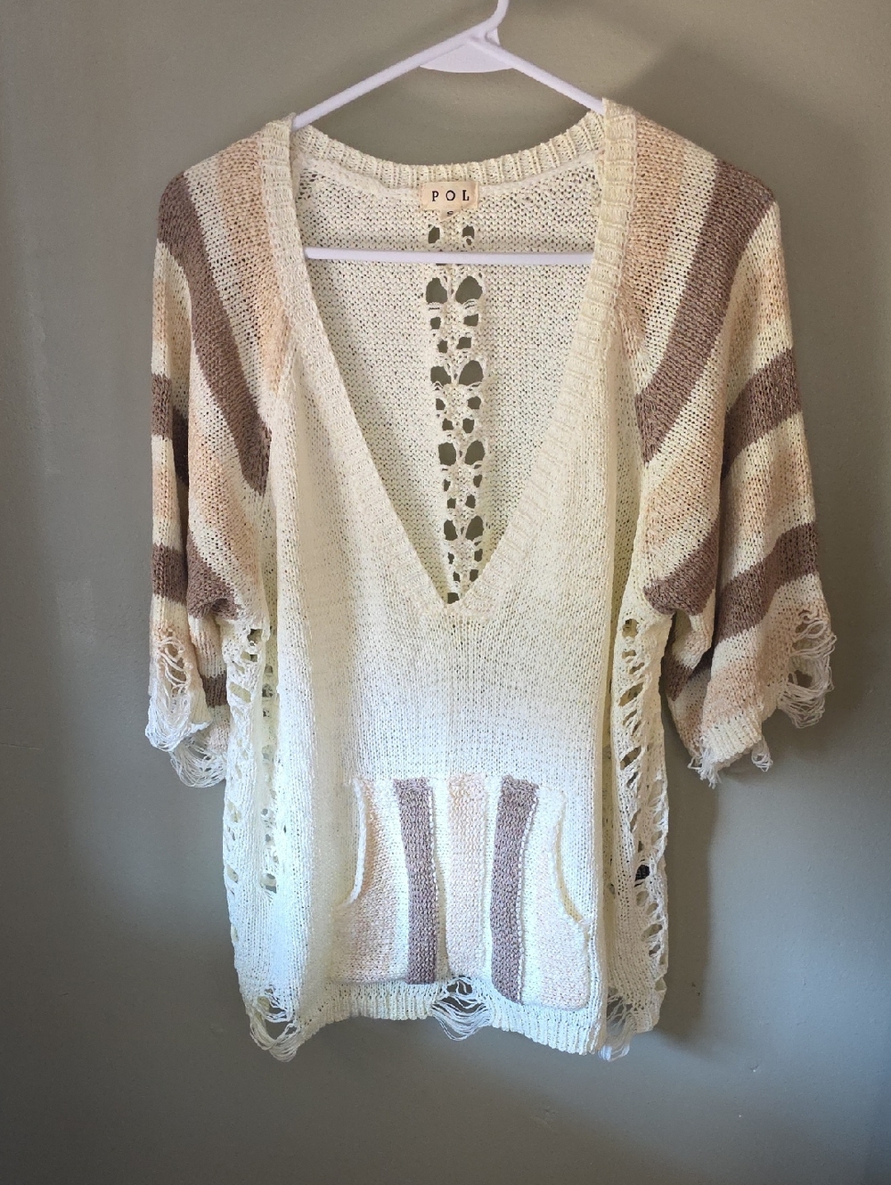 POL Cream and Taupe Striped Open-Weave V-Neck Sweater